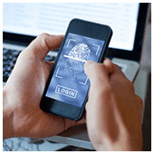 person holding phone showing privacy and data protection message on screen
