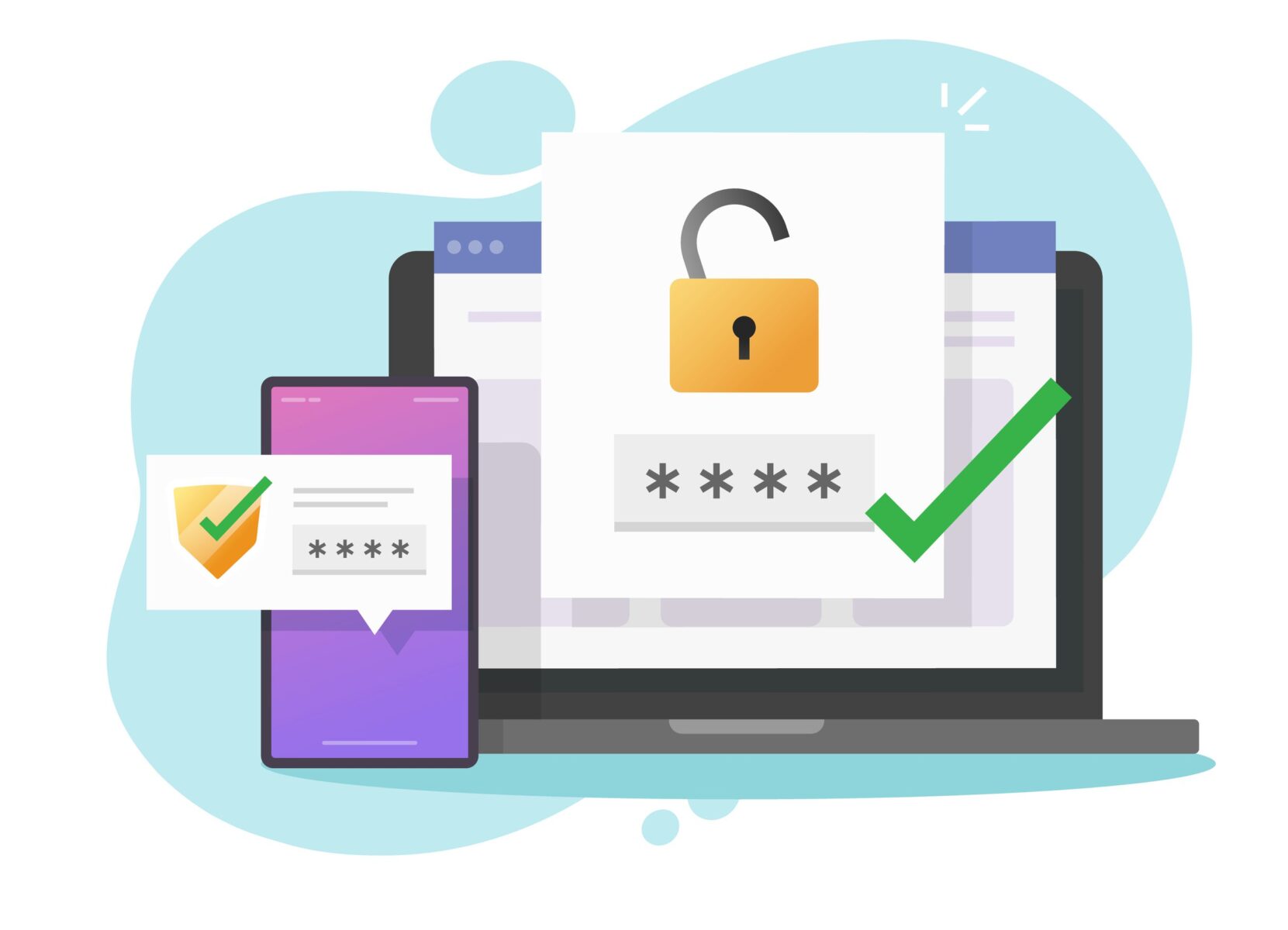graphic with computer and phone screen showing login with secure password