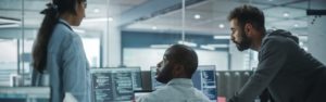 Cybersecurity consultants around a computer